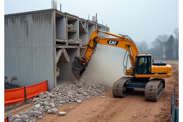Engins de chantier effectuant une démolition contrôlée sur un terrain préparé.
