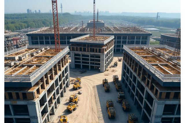Vue aérienne d'un grand projet de construction, symbolisant l'expertise en entreprise générale.