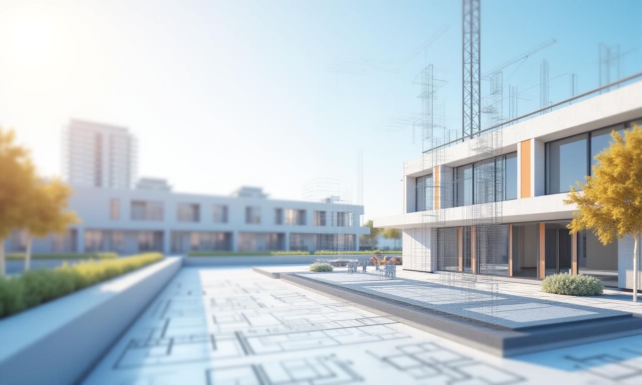 Illustration des divers services de construction offerts par Criquet Agencement: une construction moderne, un chantier en cours et des plans architecturaux.