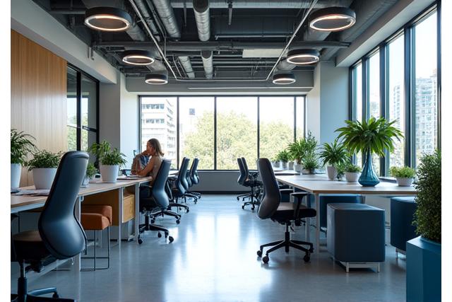 Intérieur de bureau moderne et élégant avec du mobilier design, illustrant l'aménagement intérieur.