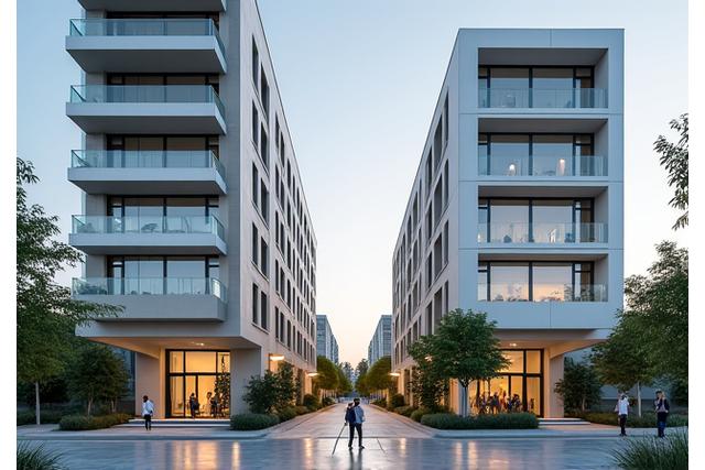 Illustration d'un immeuble résidentiel moderne à côté d'un bâtiment commercial, mettant en avant la construction variée.